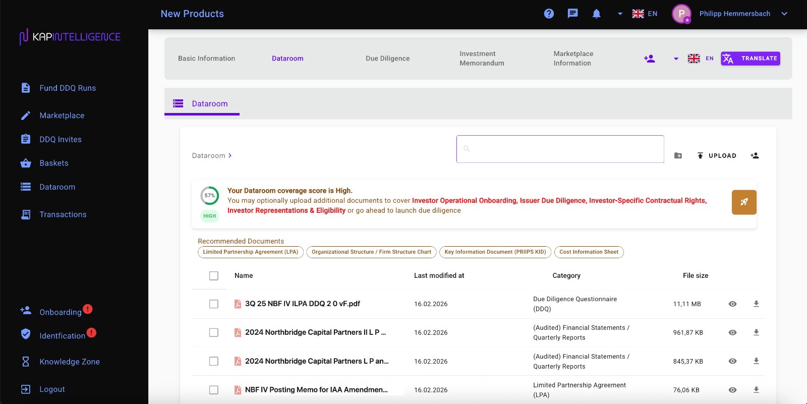 Kapintelligence data room showing document coverage and classification for one fund