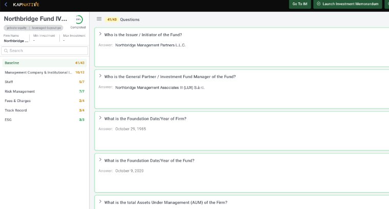 Kapintelligence DDQ run: question cards with answers and sign-off states, detail view