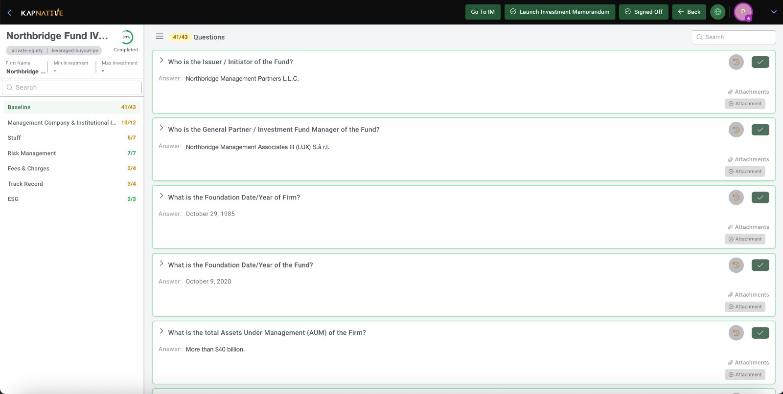 Kapintelligence fund DDQ run: section completion by area, question cards with answers, attachments and sign-off states